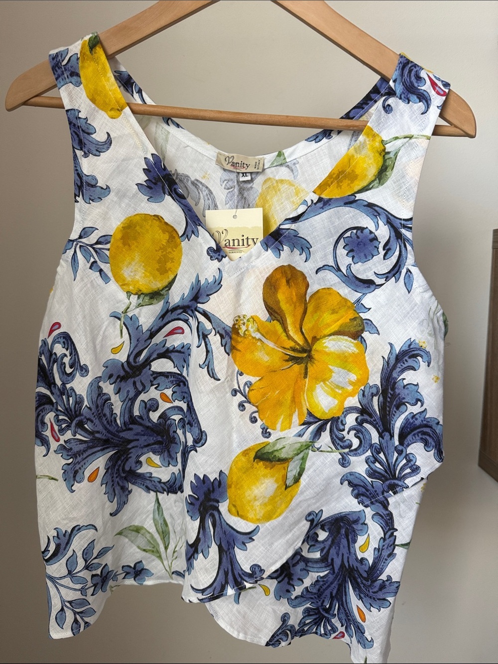 Vanity Linen White Tank Top with Yellow Floral and Blue Scroll Print Size XL